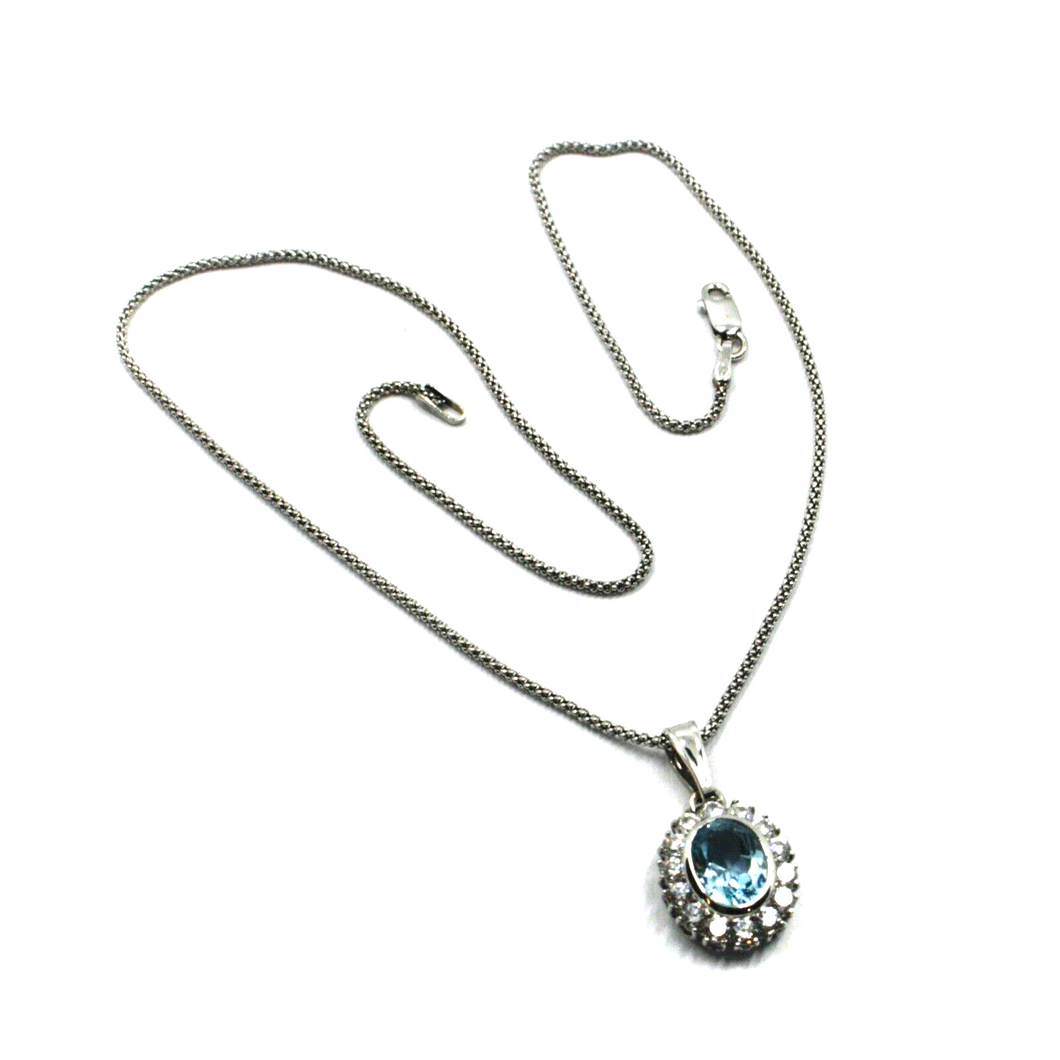 18k white gold oval blue topaz zirconia flower pendant popcorn chain necklace.