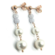 Load image into Gallery viewer, 18k rose gold pendant earrings, with fw pearls and chalcedony.
