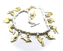 Load image into Gallery viewer, 925 STERLING SILVER TUBES CUBES BRACELET &amp; 9K YELLOW GOLD SEA CREATURES PENDANTS
