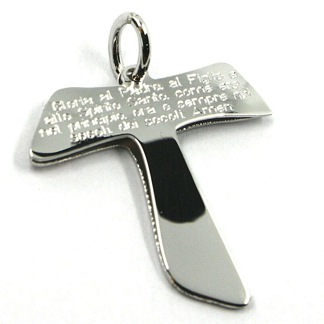 18k white gold double tau cross, Glory be to the Father prayer engraved, 24mm.