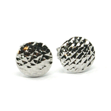 18k white gold button earrings, diamond cut worked discs, 8mm diamater.