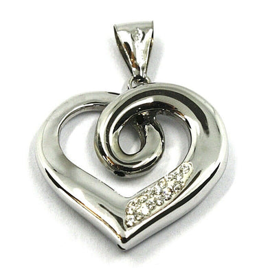 SOLID 18K WHITE GOLD PENDANT HEART, SPIRAL, KNOT, CUBIC ZIRCONIA, 20mm, 0.8