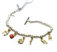 Load image into Gallery viewer, 925 STERLING SILVER BRACELET, 9K YELLOW GOLD HORSESHOE, HAND, OWL, HORN, LADYBUG.

