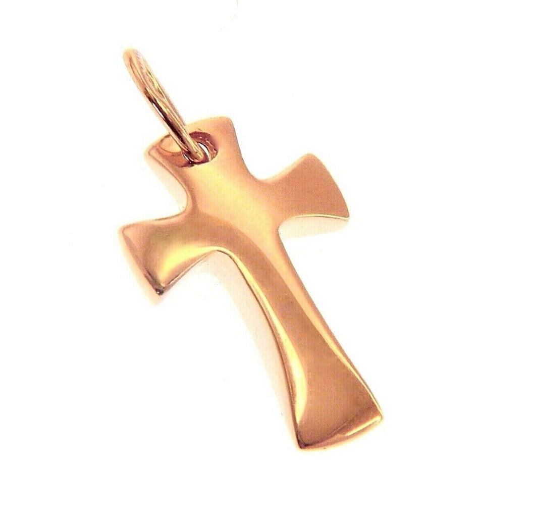 SOLID 18K ROSE GOLD SMALL CROSS, ROUNDED 18mm, SMOOTH, CURVED, MADE IN ITALY