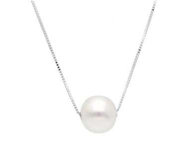 18k white gold necklace square venetian chain central freshwater pearl 9.5-10mm.