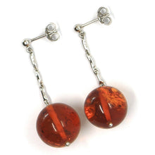 Load image into Gallery viewer, 18k white gold pendant earrings, big orange amber 16 mm spheres, 1.8 inches
