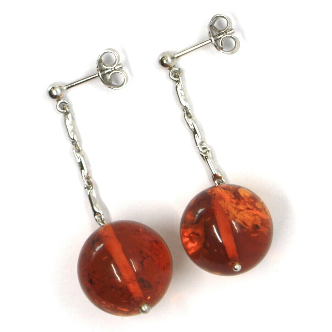 18k white gold pendant earrings, big orange amber 16 mm spheres, 1.8 inches