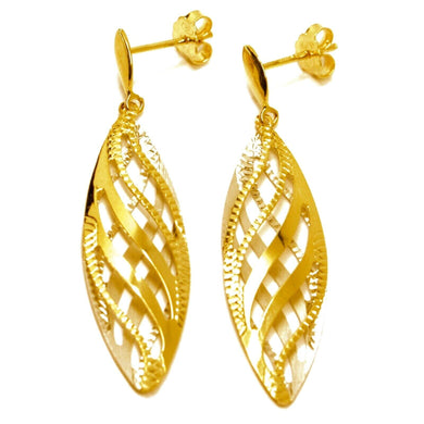 18K YELLOW GOLD PENDANT EARRINGS WORKED WAVY DOUBLE OVAL LEAF 4.5cm, 1.8