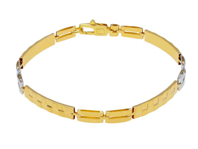 18K YELLOW WHITE GOLD MAN SEMI RIGID BRACELET ALTERNATE 4mm PLATES WITH SQUARES.