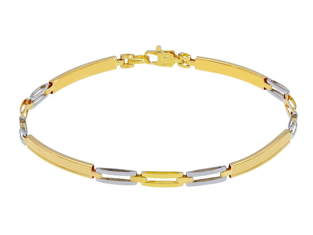 18K YELLOW WHITE GOLD MAN SEMI RIGID THIN BRACELET ALTERNATE 3mm STRIPED PLATES.