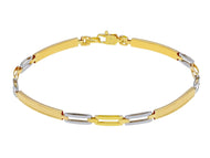 18K YELLOW WHITE GOLD MAN SEMI RIGID THIN BRACELET ALTERNATE 3mm STRIPED PLATES.