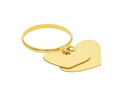 18K YELLOW GOLD RING WITH 2 HEART PENDANT CHARMS BRIGHT, LUMINOUS, MADE IN ITALY.