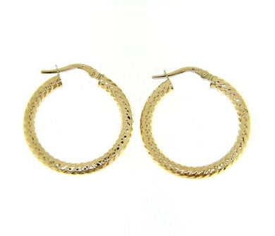 18K YELLOW GOLD CIRCLE HOOPS TUBE TWISTED HAMMERED EARRINGS 25 MM, MADE IN ITALY.