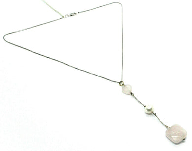 18k white gold lariat necklace heart square rose quartz pearl pendant, venetian.