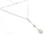 18k white gold lariat necklace heart square rose quartz pearl pendant, venetian.