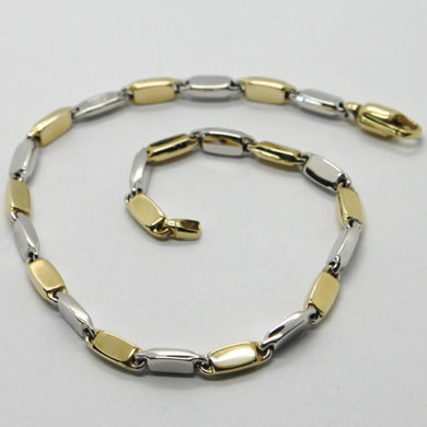 SOLID 18K WHITE YELLOW GOLD BRACELET ALTERNATE OVAL FLAT TUBE LINK, ITALY MADE.