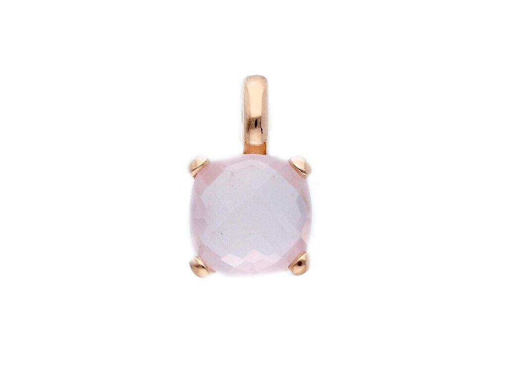 solid 18k rose gold four prongs pendant with big 10mm rose quartz, cushion cut.