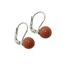 Load image into Gallery viewer, 18k white gold leverback earrings balls spheres intense red coral, 8mm 0.3&quot;.
