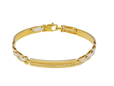 18K YELLOW WHITE GOLD MAN SEMI RIGID BRACELET ALTERNATE 5mm PLATES WITH CUBES.