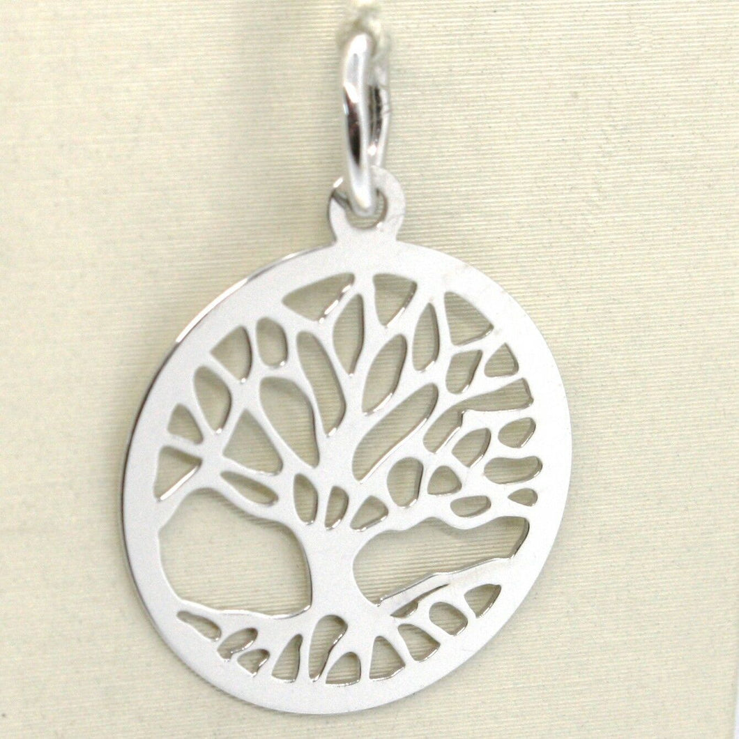 18k white gold tree of life round flat pendant charm, 1.0 inches made in Italy