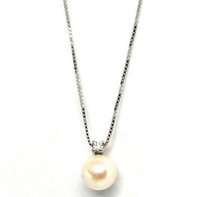 18k white gold necklace Akoya pearl 6.5 mm and diamond, pendant & venetian chain.
