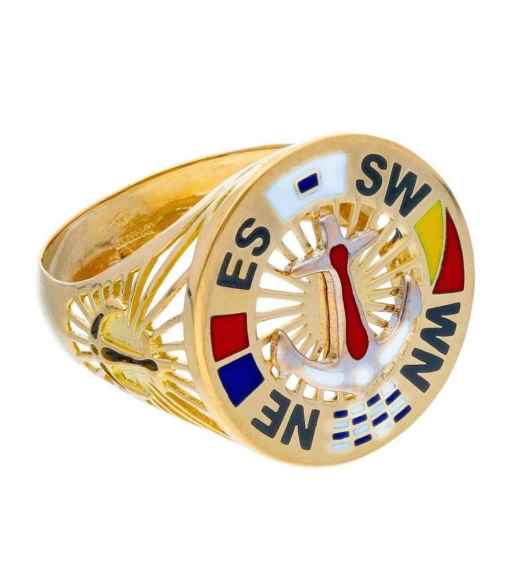 18k yellow gold band man ring, nautical anchor, flags, enamel, compass wind rose.