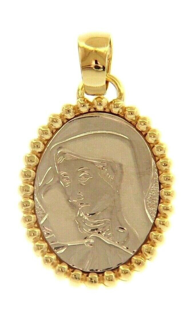 18K YELLOW WHITE GOLD MEDAL OVAL PENDANT, VIRGIN MARY, MADONNA WITH FRAME