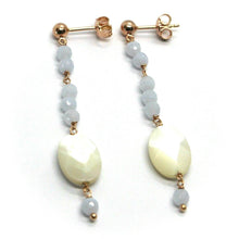 Load image into Gallery viewer, 18k rose gold pendant earrings, oval mother of pearl, chalcedony,  5.7cm 2.25&quot;.
