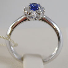 Load image into Gallery viewer, 18k white gold flower ring, diamond &amp; oval blue sapphire, 0.65 made in Italy

