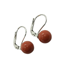 Load image into Gallery viewer, 18k white gold leverback pendant earrings spheres perfect red coral, 8mm 0.31&quot;
