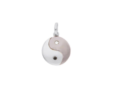 18K WHITE BLACK GOLD ROUND 11mm YIN YANG MEDAL PENDANT, BLACK WHITE DIAMONDS.