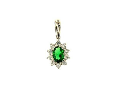 18k white gold flower pendant with oval green crystal and cubic zirconia frame.