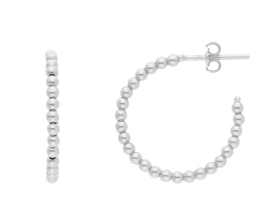 18K WHITE GOLD HOOPS CIRCLE 24mm EARRINGS WITH SMOOTH 2mm SPHERES, BALLS.