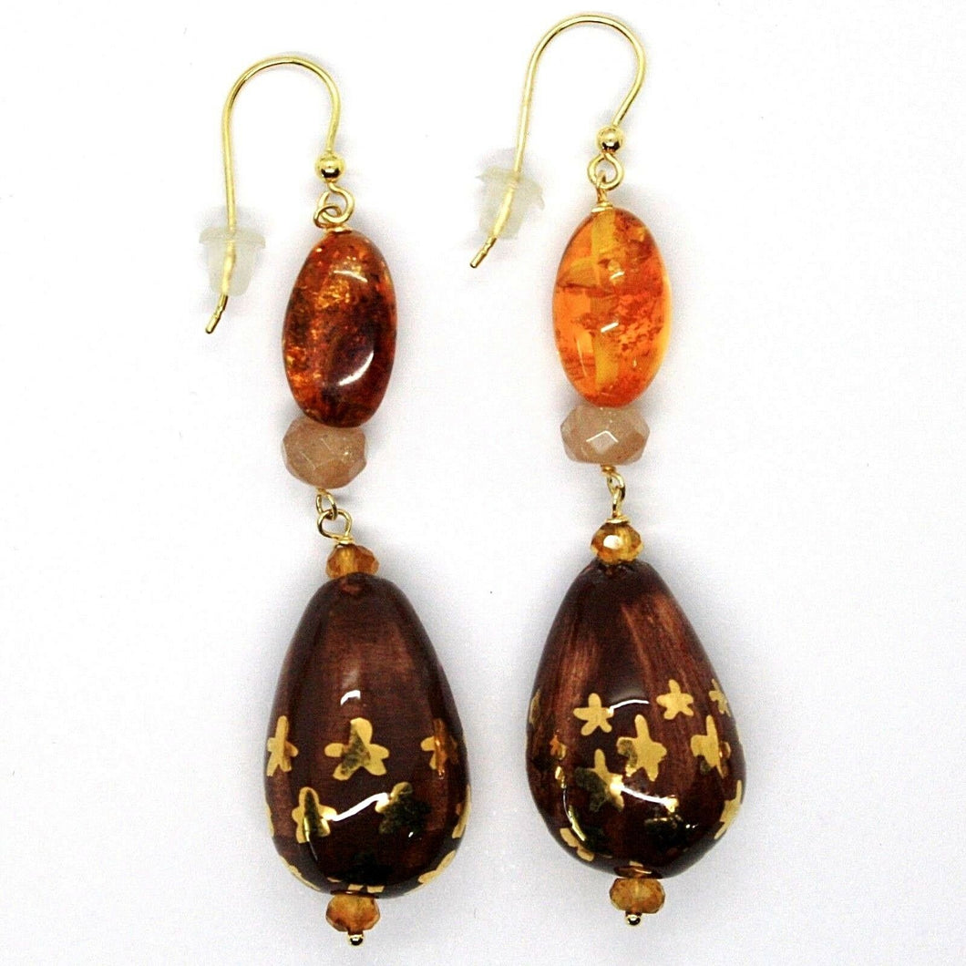 18K YELLOW GOLD EARRINGS AMBER CITRINE ADULARIA, POTTERY DROPS HAND PAINTED STAR