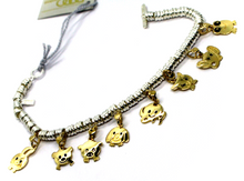 Load image into Gallery viewer, 925 STERLING SILVER TUBE DISCS BRACELET 9K YELLOW GOLD PUPPIES ANIMALS PENDANTS.
