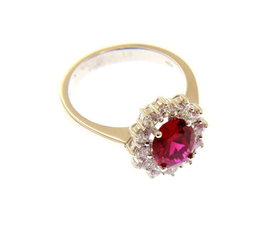 18k white gold flower ring big oval 9x7mm red crystal cubic zirconia frame.