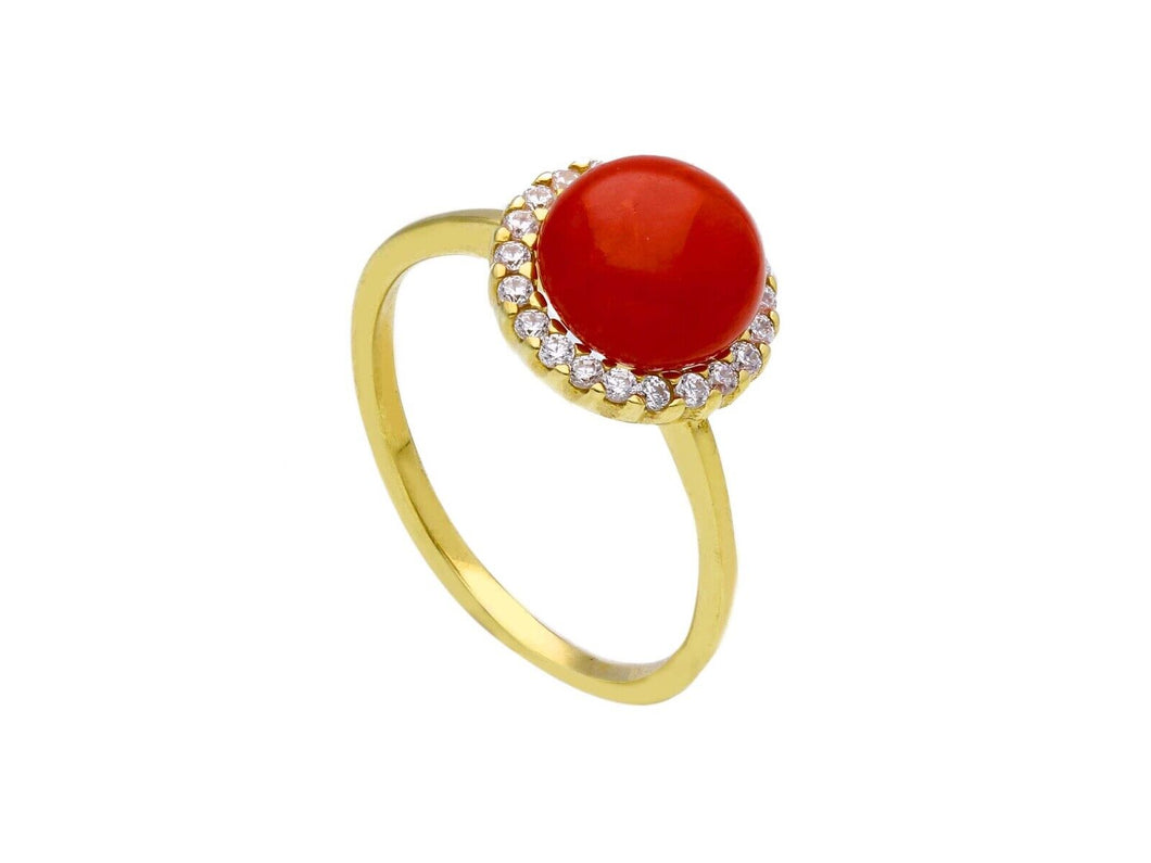 18K YELLOW GOLD CENTRAL CABOCHON RED CORAL RING WITH CUBIC ZIRCONIA FRAME.