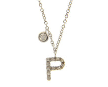 Load image into Gallery viewer, 18k white gold necklace, pendant mini initial letter P, 0.7 cm, 0.3&quot;, rolo chain.
