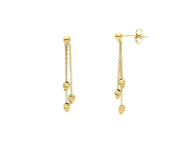 18K YELLOW GOLD TRIPLE PENDANT EARRINGS 2.5mm WORKED SPHERES FACETED BALLS, 33mm.