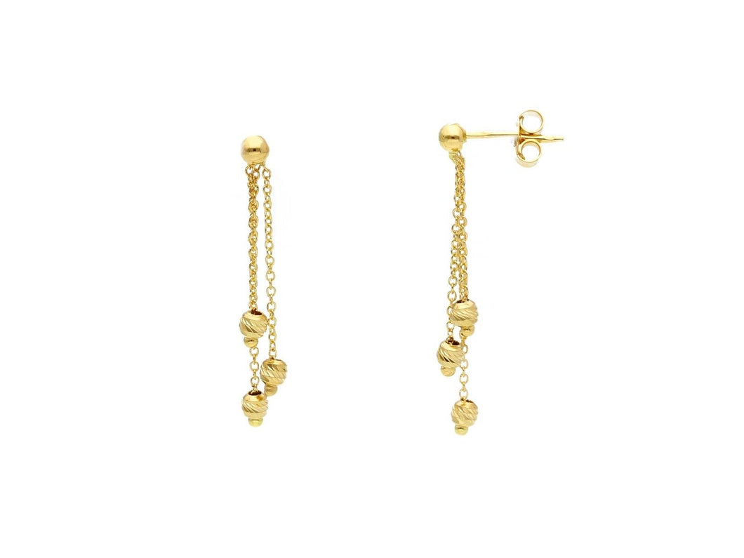 18K YELLOW GOLD TRIPLE PENDANT EARRINGS 2.5mm WORKED SPHERES FACETED BALLS, 33mm.