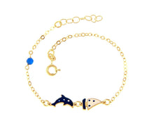 Load image into Gallery viewer, 18k yellow gold kid child baby bracelet enamel orca and boat rolo chain.
