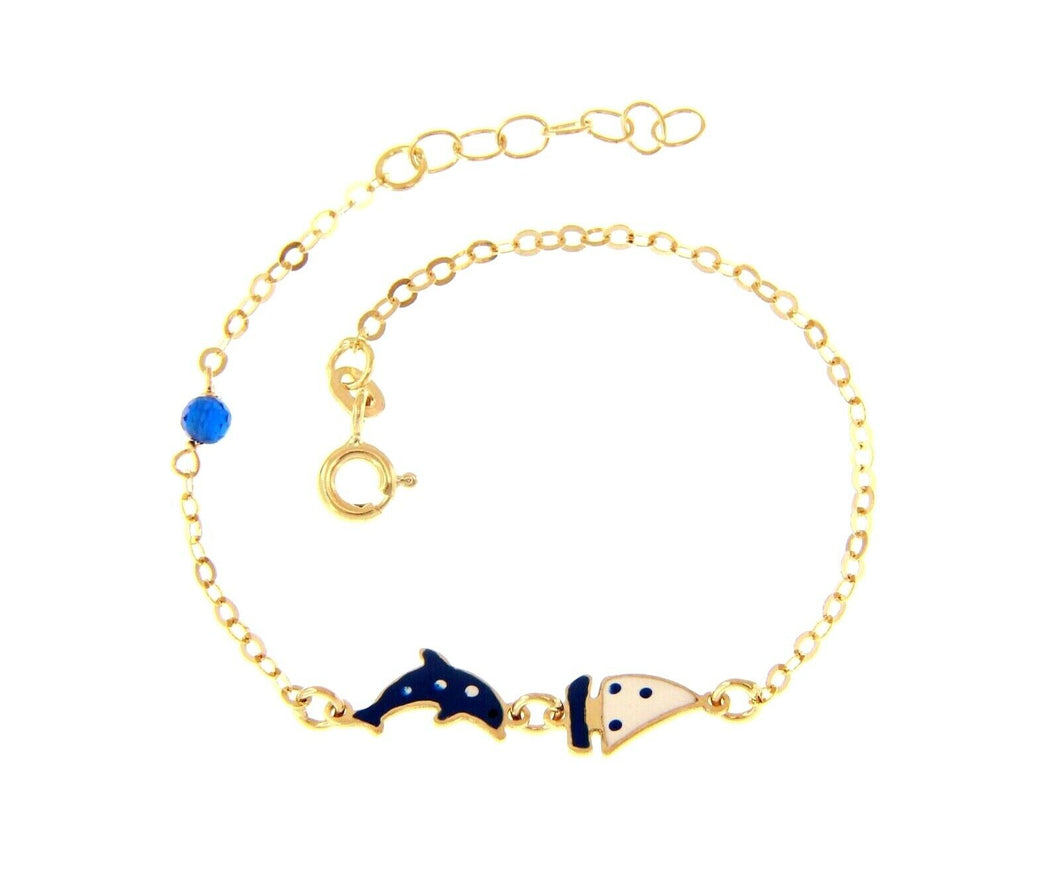 18k yellow gold kid child baby bracelet enamel orca and boat rolo chain.