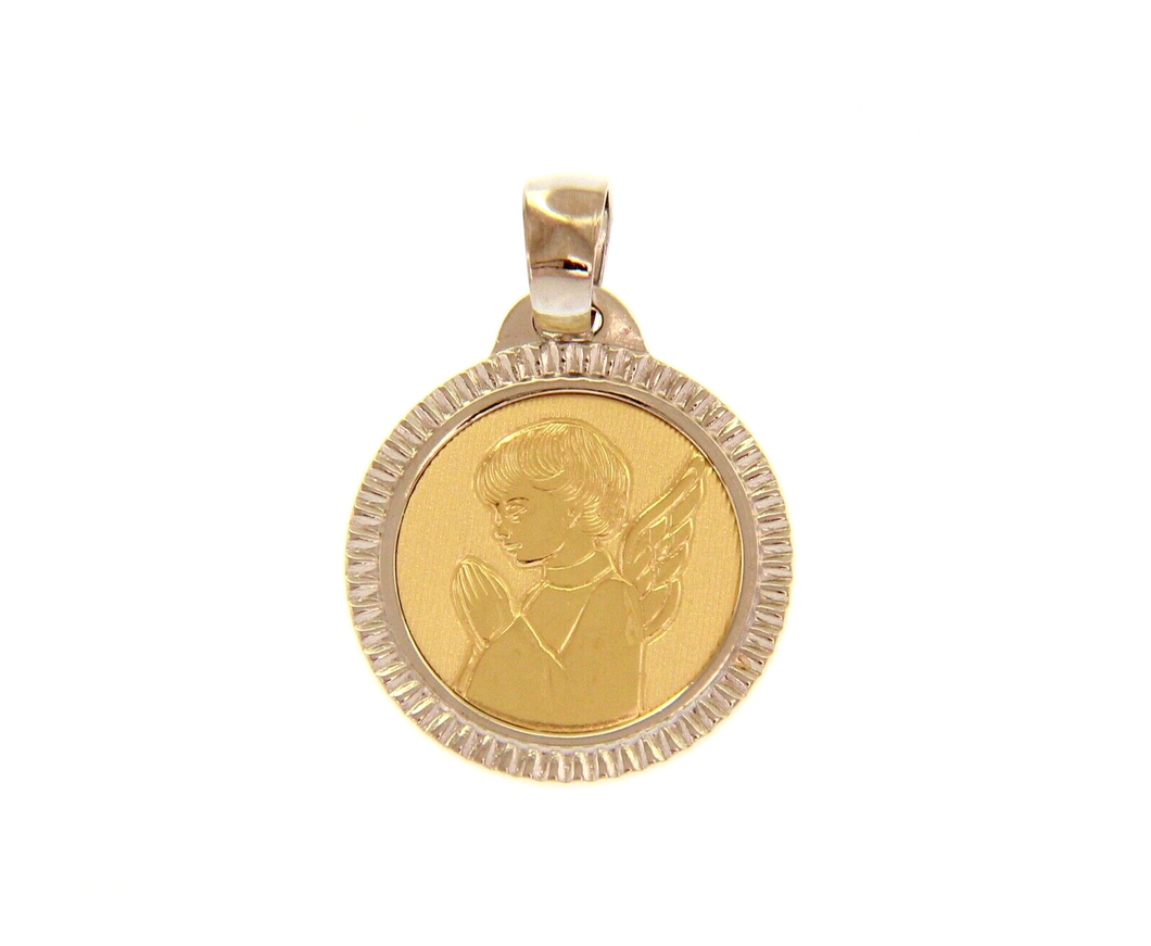 18K YELLOW WHITE GOLD PENDANT ROUND MEDAL GUARDIAN ANGEL 17mm WORKED FRAME