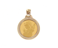 18K YELLOW WHITE GOLD PENDANT ROUND MEDAL GUARDIAN ANGEL 17mm WORKED FRAME.