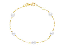 Cargar imagen en el visor de la galería, 18k yellow gold bracelet, rolo 1mm chain alternate white small pearls 5mm.
