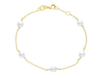 18k yellow gold bracelet, rolo 1mm chain alternate white small pearls 5mm.