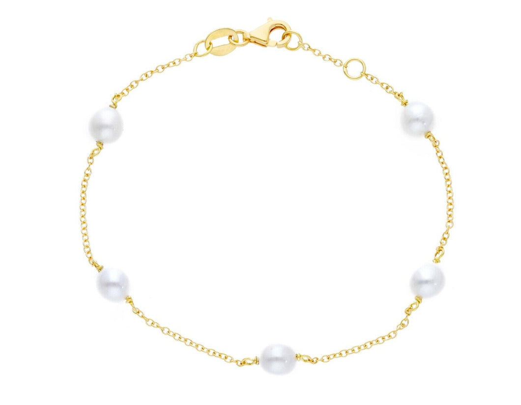 18k yellow gold bracelet, rolo 1mm chain alternate white small pearls 5mm.