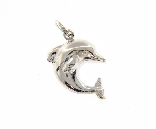 18k white gold rounded lucky dolphin pendant charm 26 mm smooth made in Italy.