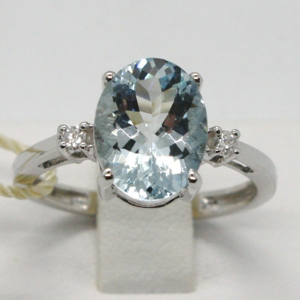 SOLID 18K WHITE GOLD BAND RING OVAL AQUAMARINE 2.5 CT & DIAMONDS, MADE IN ITALY