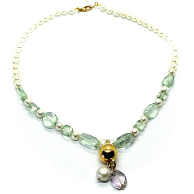 18k rose gold lariat necklace white fw pearls, presiolite, amethyst pendant.